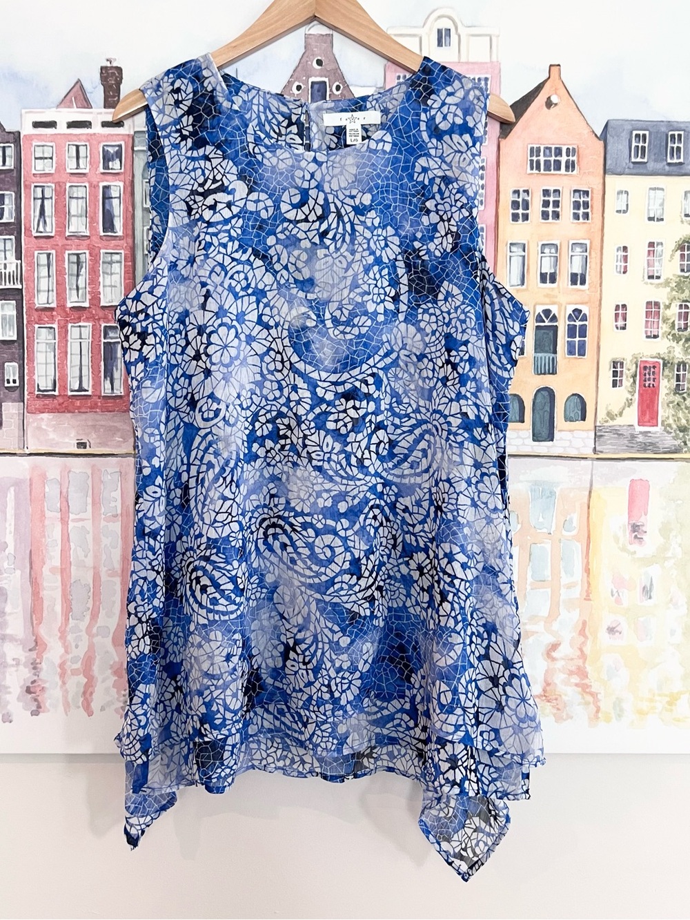 Fever Sleeveless Blue Print Multi Layered Flowy Boho Tunic Size Large